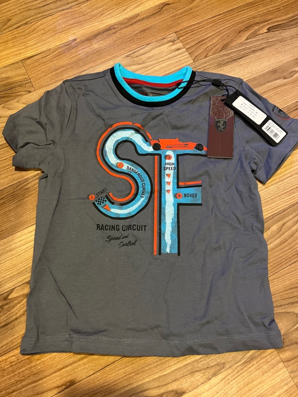 Scuderia Ferrari Gray Tee with Blue & Orange Racing ST Graphic